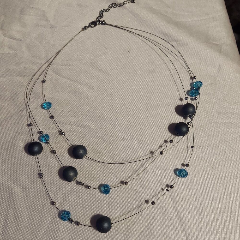 3 Strand Blue Floating Necklace 20" + 3"